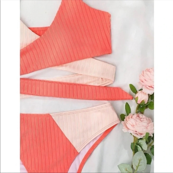 Boho Wrap Color Block Bikini | High Waisted Two Tone Swimsuit Set - Picture 3 of 4